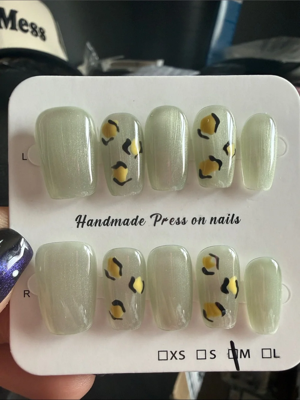 Handmade Sage Green Press-On Nails with Yellow Leopard Accent